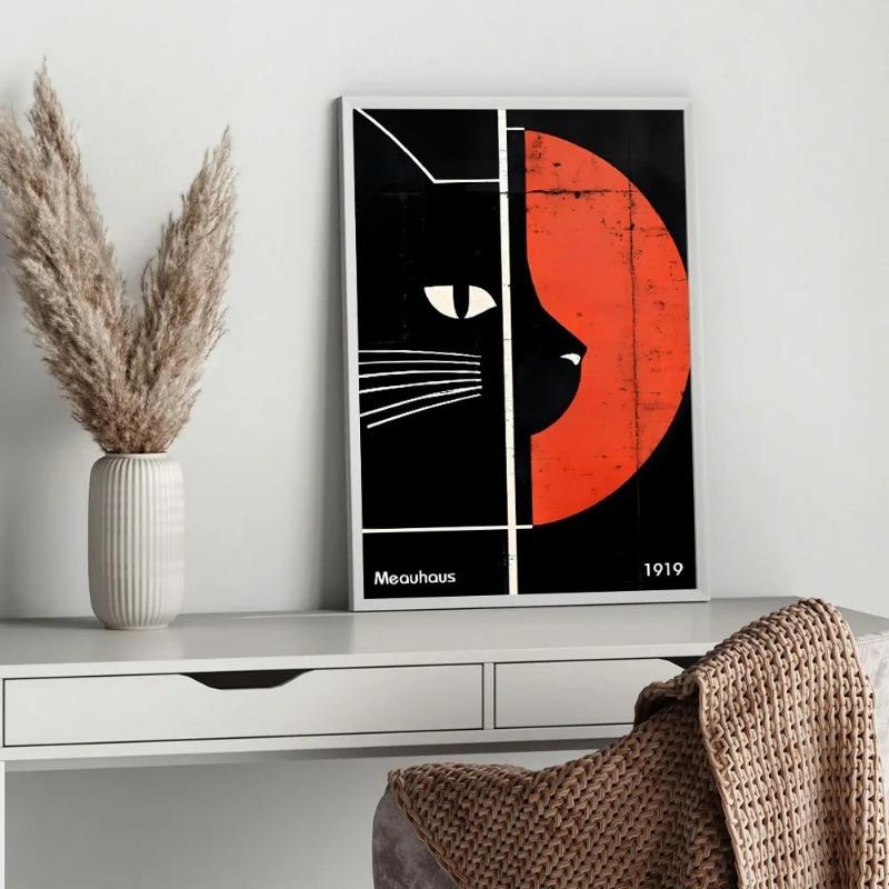 Black and White Cat Bauhaus Pattern Poster Canvas Painting Print Room Home Bar Cafe Decor Room Wall Decor