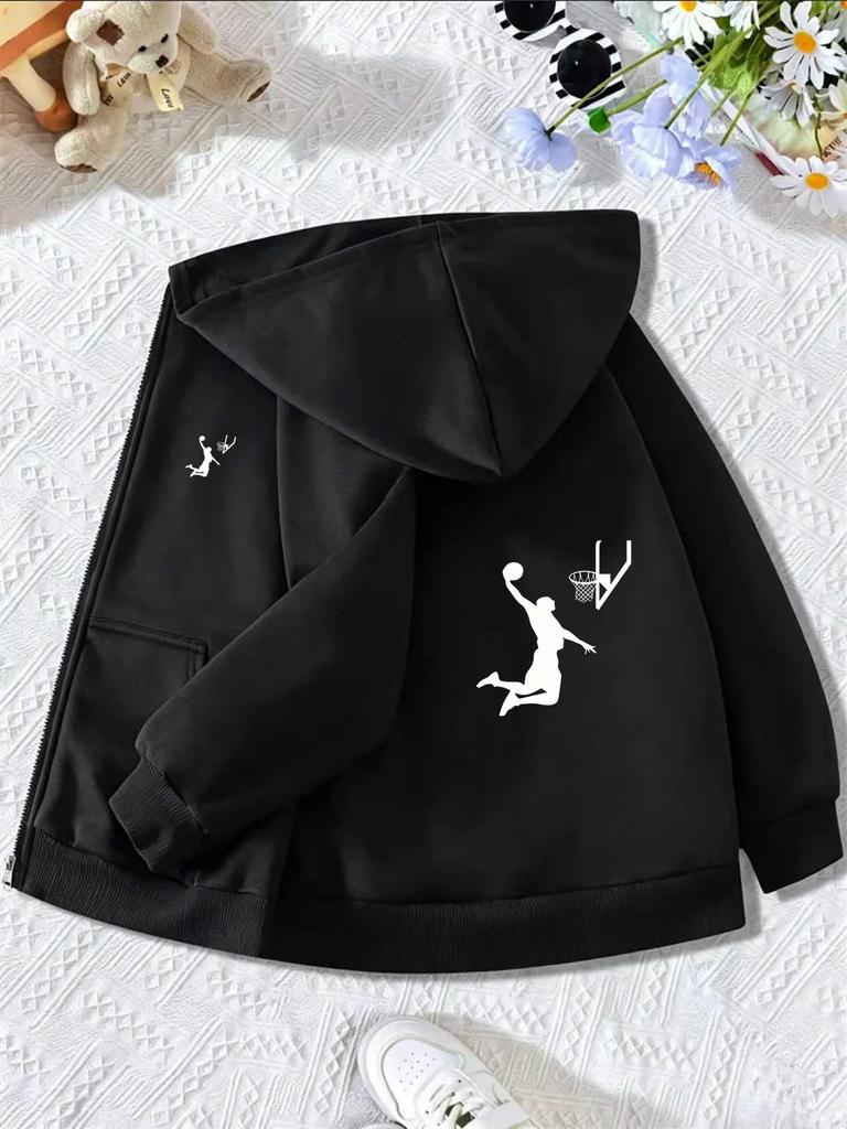 Kids Basketball Dunk Silhouette Graphic Zip Up Hoodie Loose Long Sleeve Hooded Jacket Sports Casual Outerwear For Boys Girls