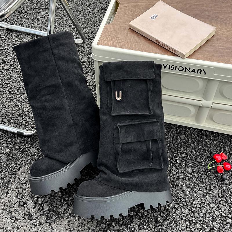Fashion 2025 Fall Winter New Brown Fashion Boots Versatile Platform Heightened Vintage Trouser Heel Boots Women