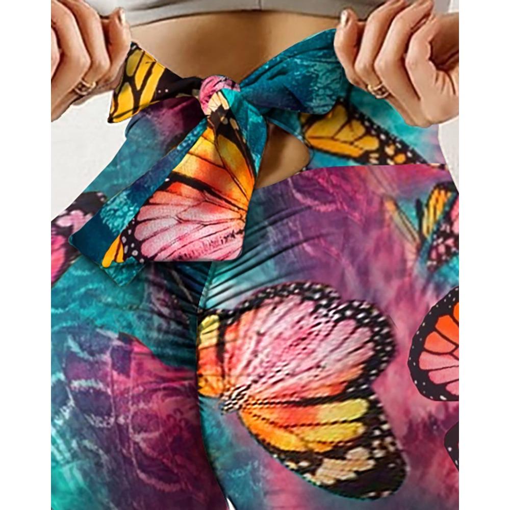New Arrival Fitness High-Stretch Sweat-Wicking Digital Print Bow-Tie Drawstring Trousers Leggings High-Waisted Slim-Fit Yoga Pants for Women