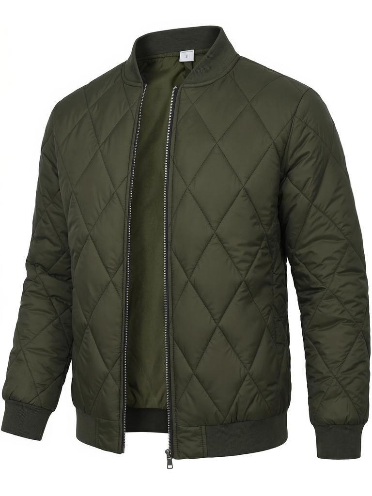 Men Solid Color Stand Collar Thickened Warm Quilted Bomber Jacket Casual Outerwear