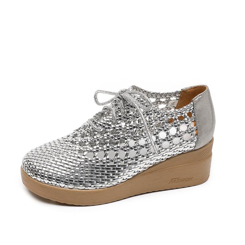 Fashion GKTINOO Genuine Leather Woven Wedges Platform Women's Shoes 2025 Summer New Lace-up Soft Sole Casual Hollow Breathable Sandals