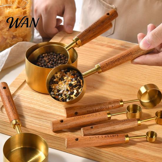 Durable Baking Tools 4Pcs Gold-Plated Stainless Steel Measuring Spoons & Cups Set, Precision with Kitchen Spoon Set Wood Handle, Nested Food Grade Kit