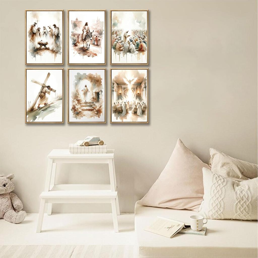 6Pcs Jesus Canvas Wall Art Watercolor Jesus Bible Posters Prints Christian Wall Decor Pictures Paintings for Living Room Bedroom Church Home Decor