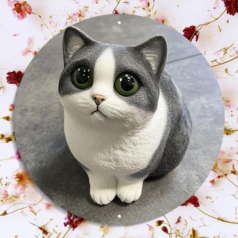Cute Chubby Grey and White Cat Figurine Round Metal Sign D Flat Printed Realistic GreenEyed Cat Art Tin Plaque Adorable Kitt 20x20cm(8x8inch)