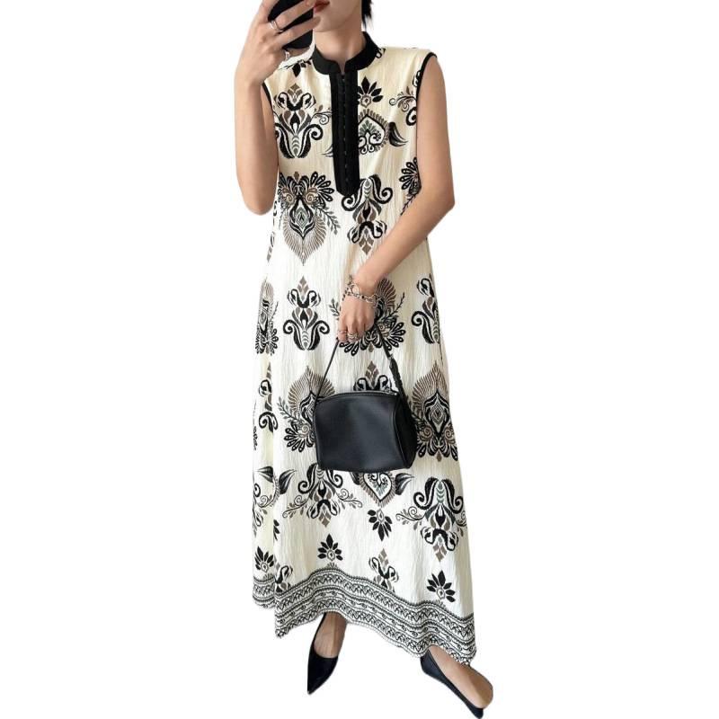European summer flowers full print sleeveless big skirt loose casual versatile long dress women