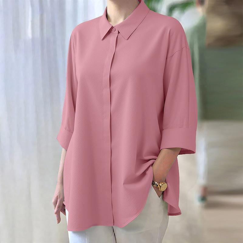 

ZANZEA Женская блузка с отложным воротником, свободного кроя, с рукавами 3/4, однотонная 3XL розовый