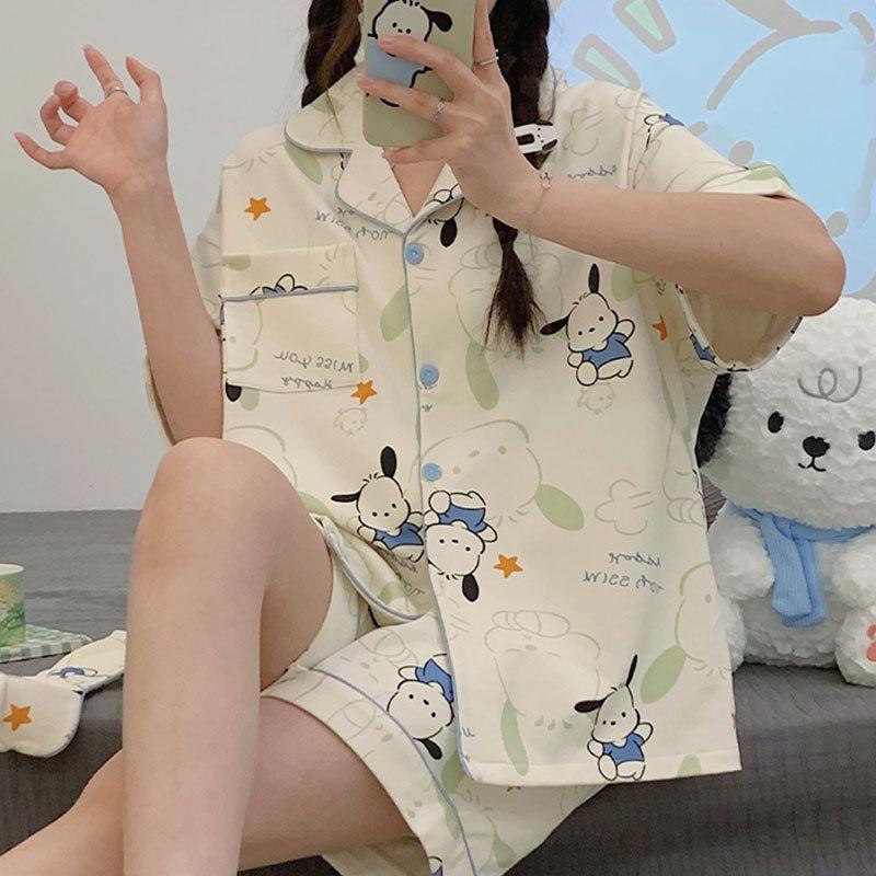 GMXIA High-quality Cotton-like Cute Cardigan Short-sleeved Student Pajamas for Women, Sweet Summer Style for Women's Home Wear