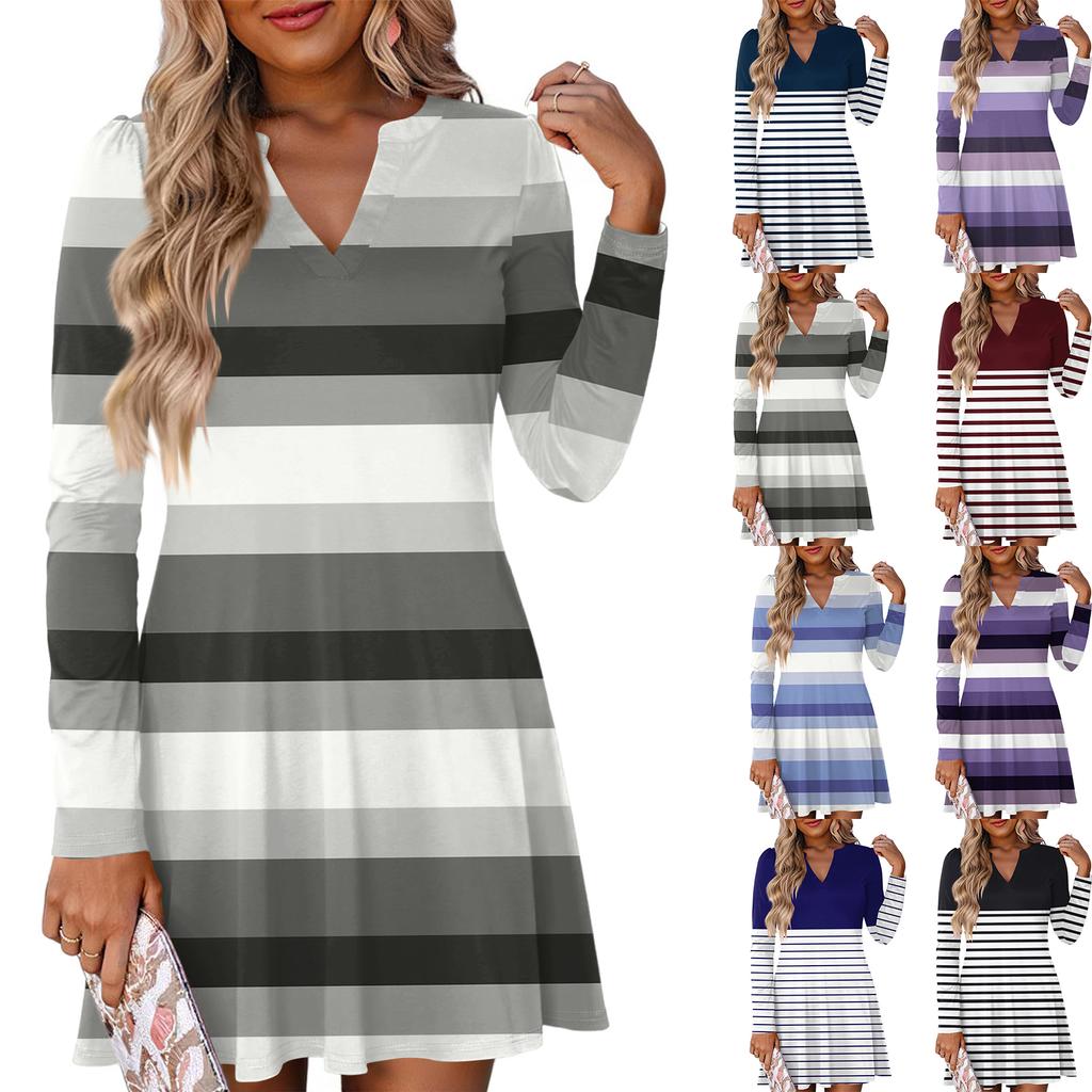 Women's Fashion Striped V-Neck Long Sleeve  Dress