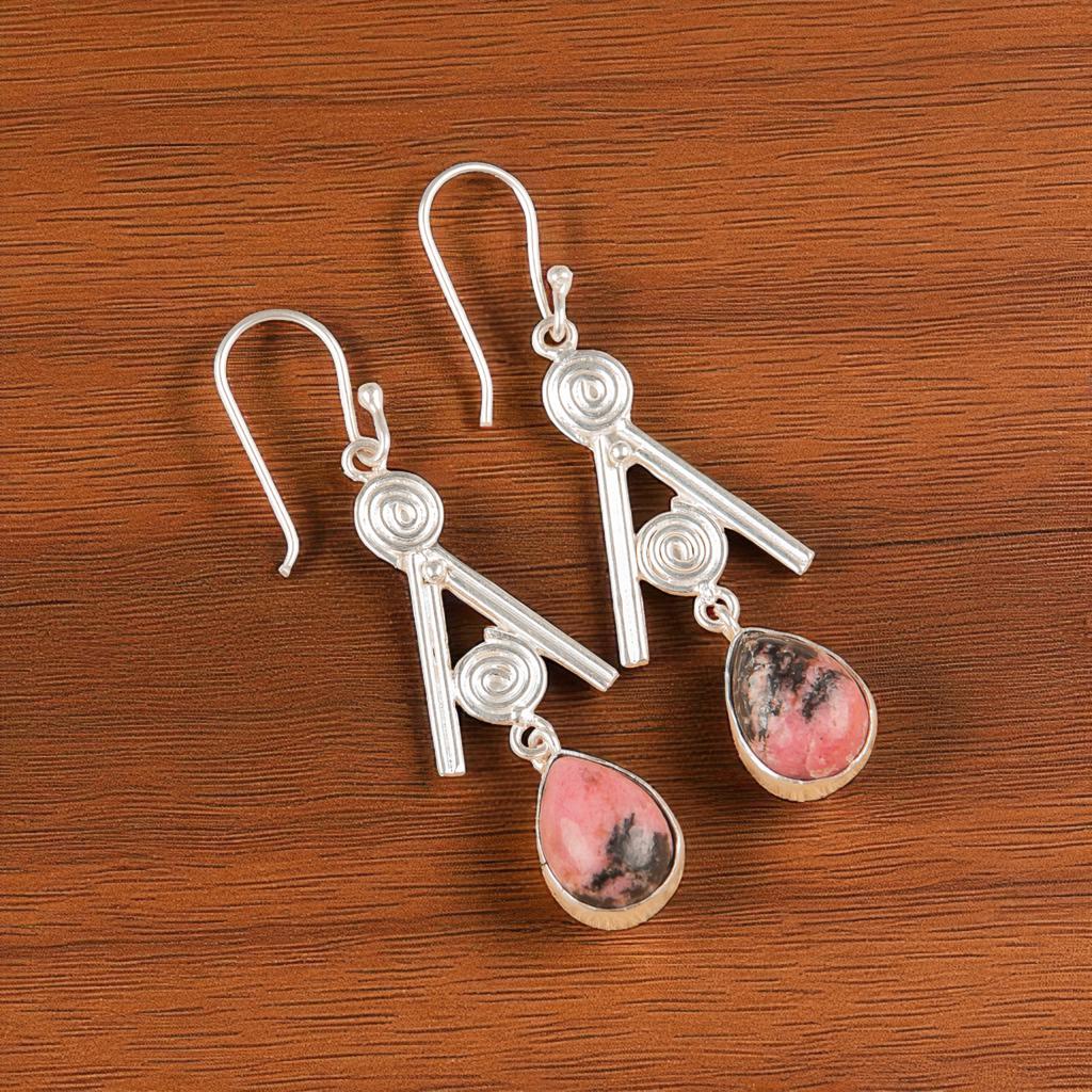Black Rhodonite Gemstone 925 Sterling Silver Jewelry Handmade Hook Earrings 2.4" EE-86-27