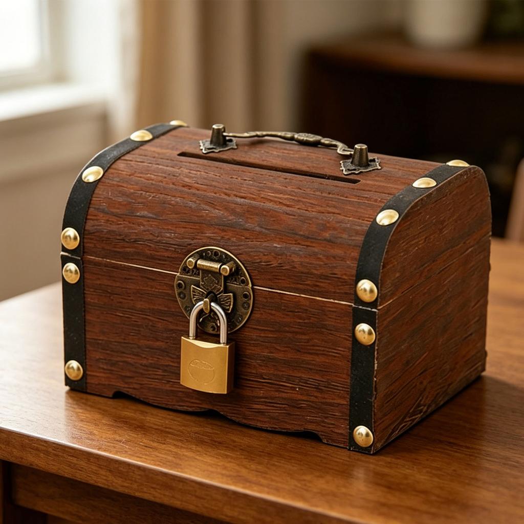 Wooden Piggy Bank Vintage Treasure Chest Shaped Money Saving Bank for Home Decor Party Display 14x10x10cm with Lock