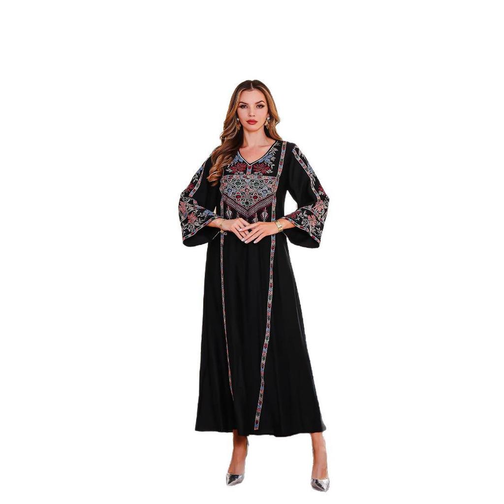 Elegant Rhinestone Embroidered Abaya - Dubai Style Women's Long Robe