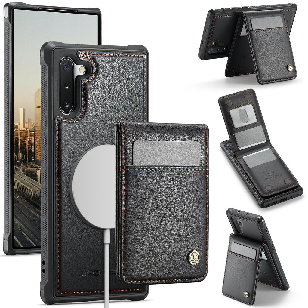 For Samsung Galaxy Note 10 4G Leather Back Cover Compatible with MagSafe JEEHOOD J06 Phone Case with Card Bag RFID Blocking