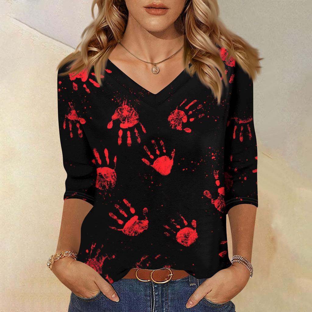 Women’s Casual Halloween Print V Neck Three Quarter Sleeve Top Loose Fit Pullover Blouse for Autumn Daily Wear