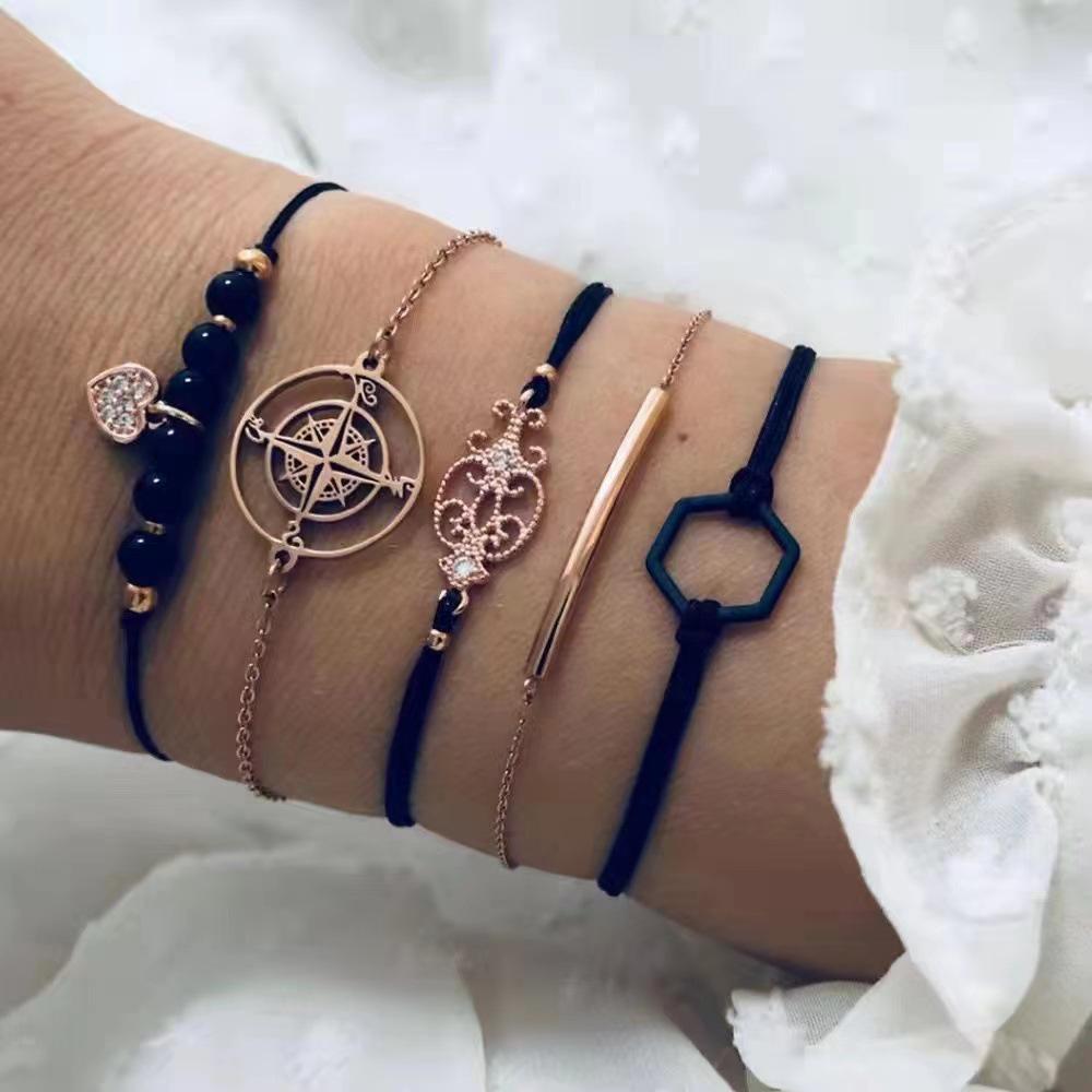 6-Piece Women's Quartz Watch Set: Diamond-Set Dial, Leather Strap, Beaded Bracelets