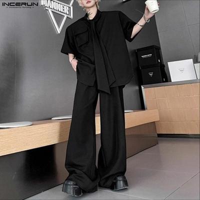 Two Pieces Men Tie Up Short Sleeve Shirts Long Pants Sets Suits