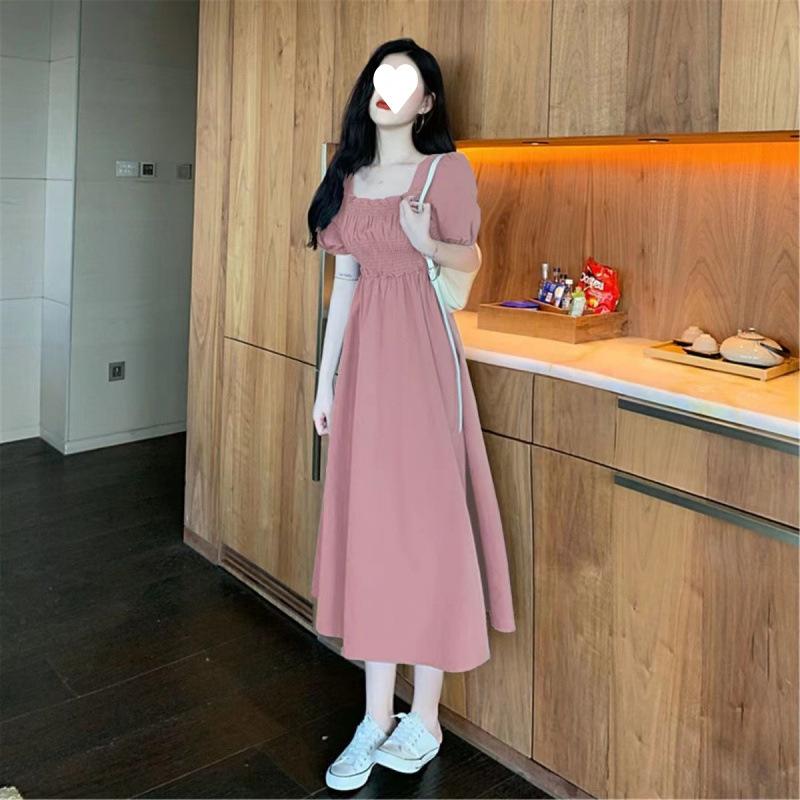Gentle Collarbone Bubble Embroidery Dress Women's Summer New Medium and Long Waist and Thin A-shaped Skirt