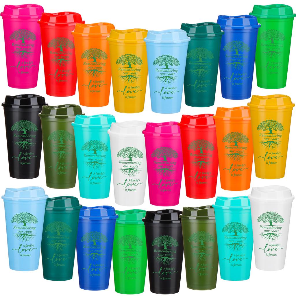 24 Pcs Family Reunion Favors 16 Oz Coffee Plastic Cups Bulk With Family Tree Pattern Reusable Drinking Tumblers For Gathering Pa