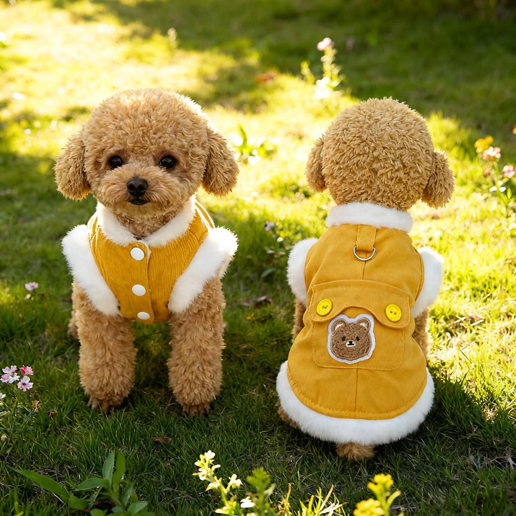Cute Bear Embroidered Dog Vest with Fleece Lining, Denim Pet Harness Vest for Small Dogs Chihuahua Yorkie