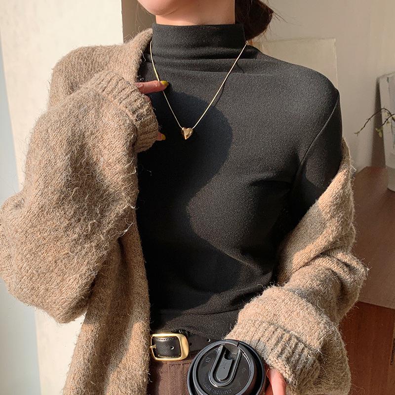 H679 Women's Slim Fit Half-High Collar Long-Sleeve Solid Color Warm Top for Autumn/Winter