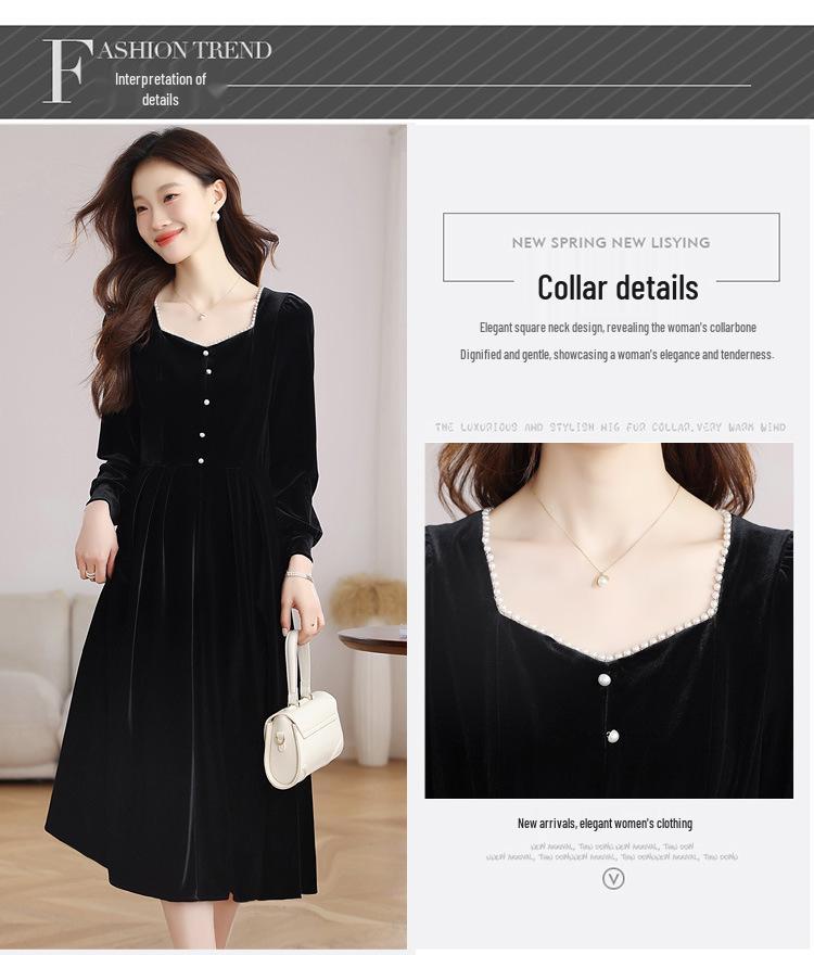 Elegantní dlouhé sametové černé šaty ve stylu Hepburn, přiléhavé a stahující v pase, ideální na podzim.