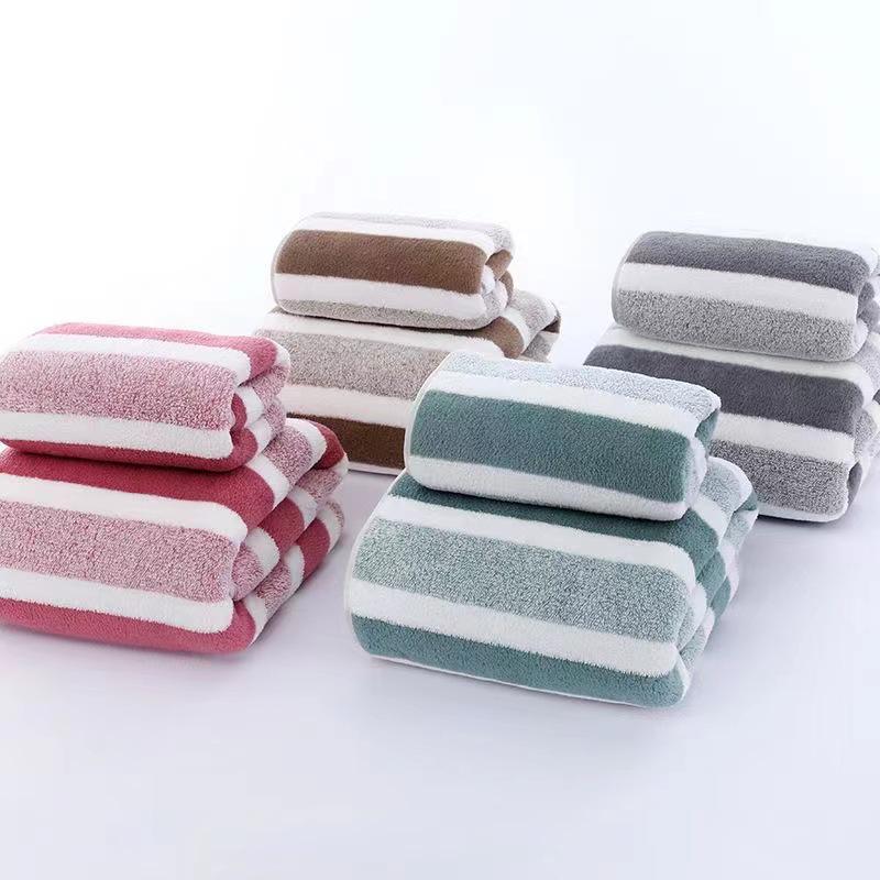 Three-Color Striped Coral Fleece Bath Towel Set - Thick, Water-Absorbent, Quick-Drying, Shed-Free