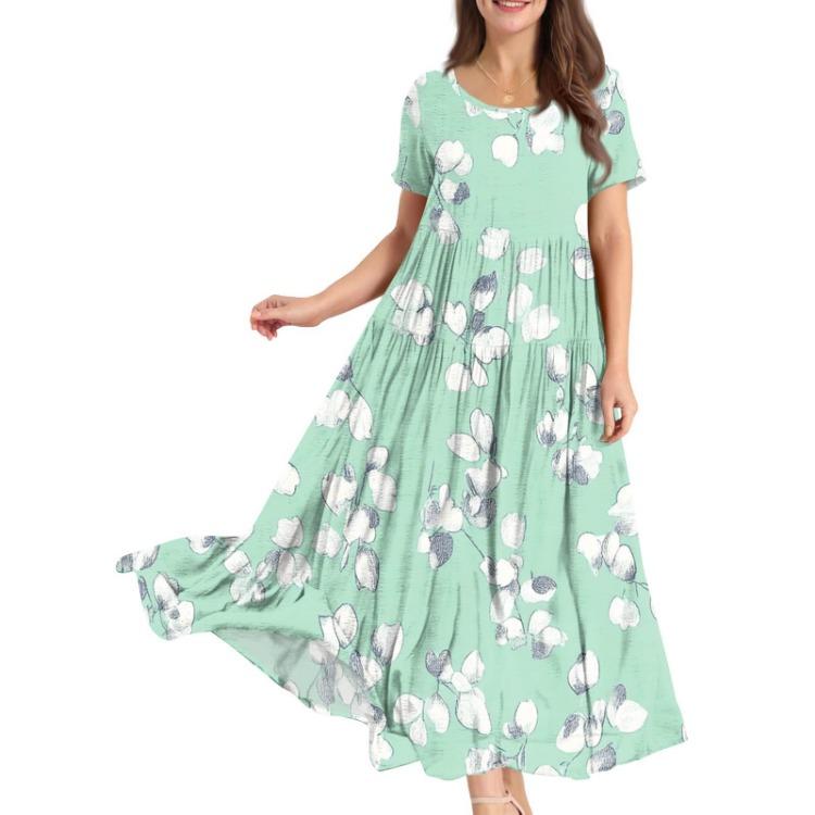 Women Summer Boho Floral Printed Loose Dress Round Neck Short Sleeve