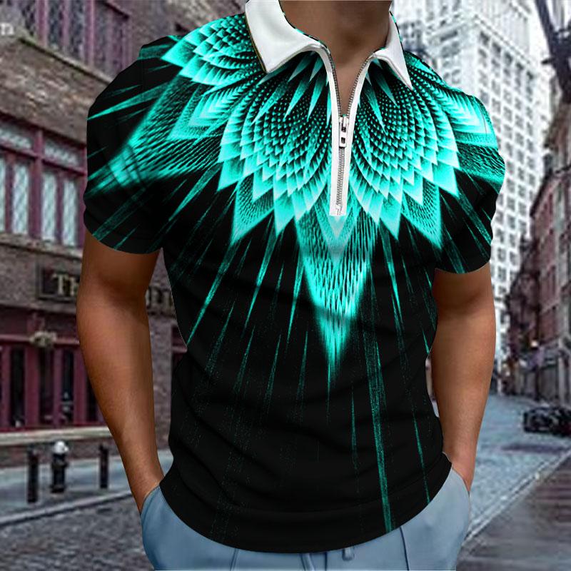 

Повсякденна футболка з лацканами Модна чоловіча футболка на блискавці для молодих чоловіків Футболка з коротким рукавом Чоловіча футболка з 3D сяючим круглим квітковим принтом 8XL світло-синій колір