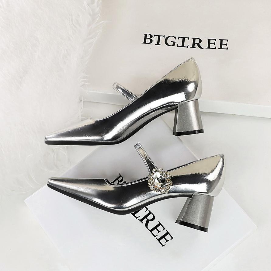 Women's Shoes with Thick Heel, Shallow Mouth, Square Toe, Rhinestone Buckle, Straight Strap, Single Shoe for Women