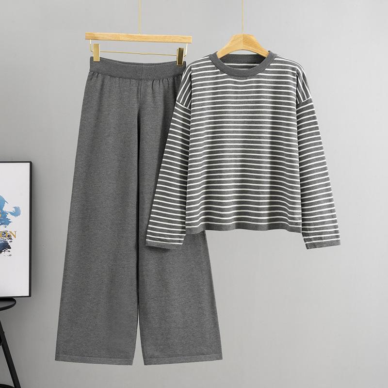 Spring and Autumn's New Fashion Set: Women's Round-neck Striped Sweater, Wide-leg Pants, Loose, Casual and Elegant, A Lazy Person's Outfit