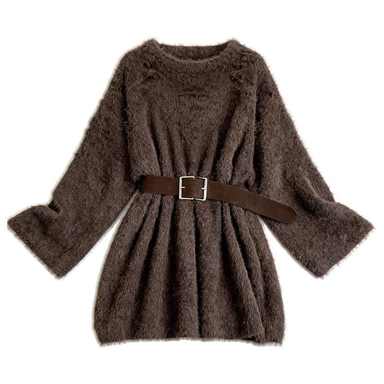 2025 Old Money Style Grey Medium-Long Knit Sweater for Autumn/Winter