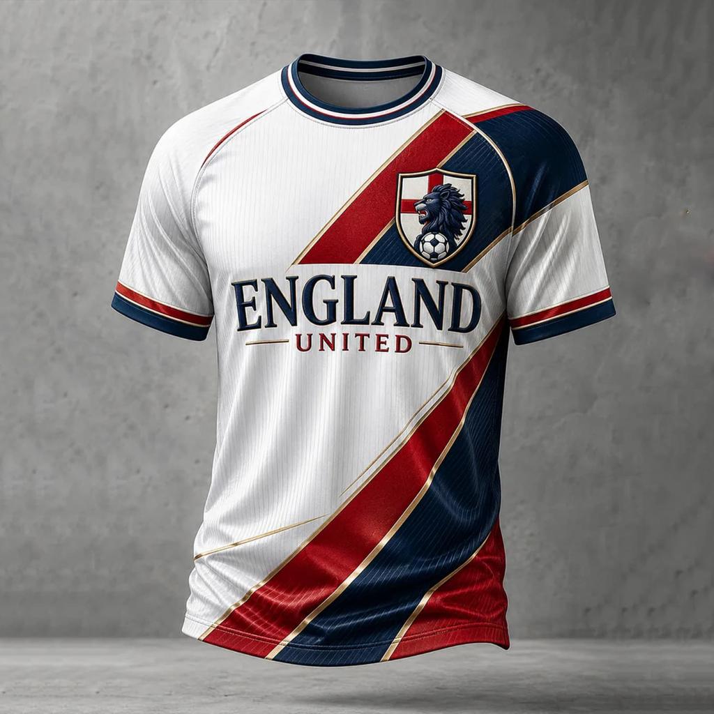 Men's England Football Printed Jersey Short Sleeve Crew Neck Athletic Soccer Shirt Lightweight Breathable Sportswear for Training and Casual Wear