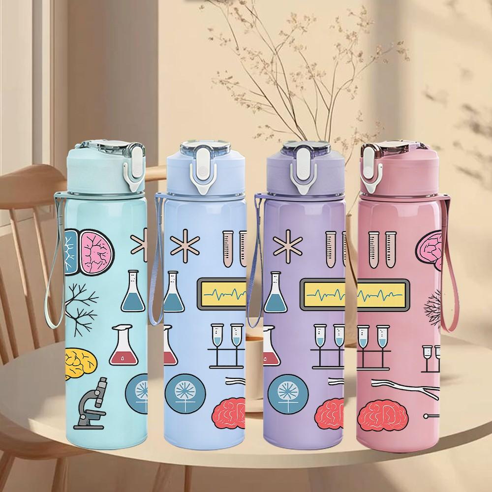 1PC Brain Gear Bulb Science Pattern Print 750ml Color Plastic Sports Water Bottle Leakproof Flip Straw Lid Suitable for Sports Office Home Use