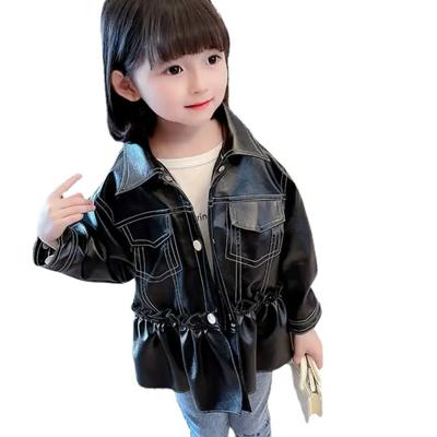 Estilo coreano primavera outono lapela jaqueta de couro infantil meninas casaco longo