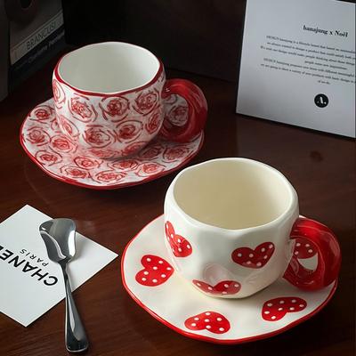 340 ml handbemalte Keramik-Kaffeetasse mit Untertasse in Blumen- und Herzform für das Homeoffice, Wassertasse, Frühstücks-, Milch-, Saft-, Teetasse, Geschenkset