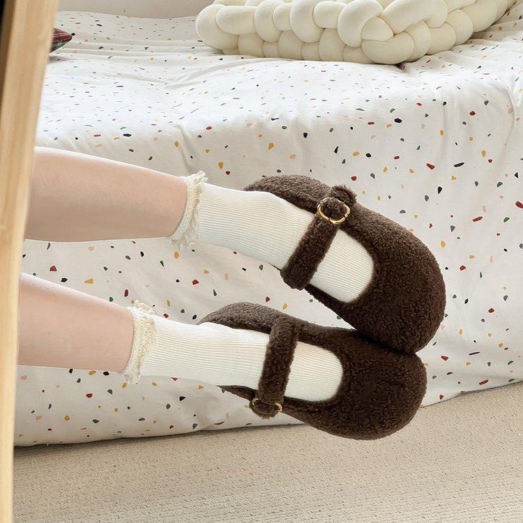 thick-soled white plush shoes women's shoes wear 2025 new autumn and winter Mary Jane single shoes plush cotton shoes women