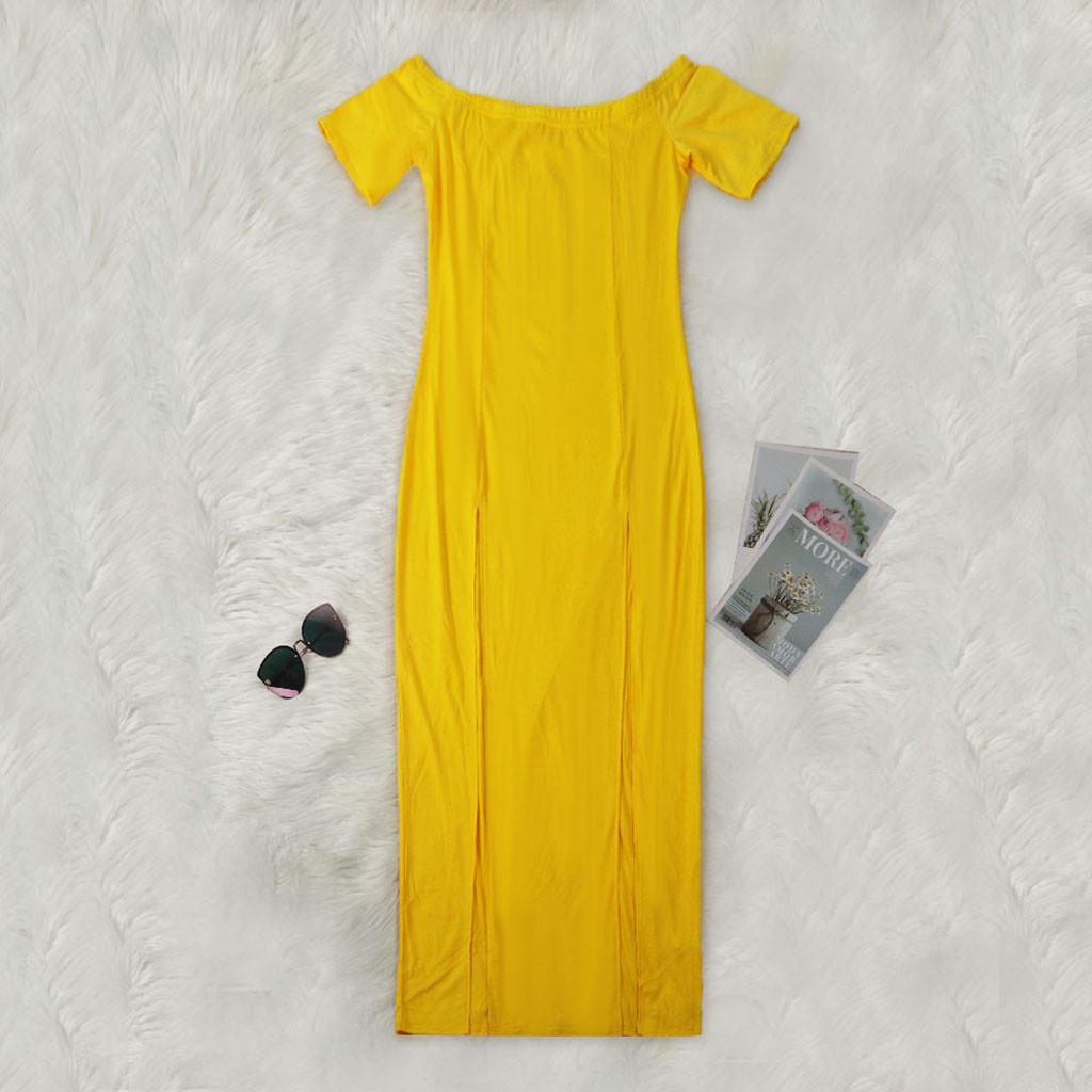 Fashion Women Sexy Slim Color Short Sleeves Off Shoulder Slit Long Dress