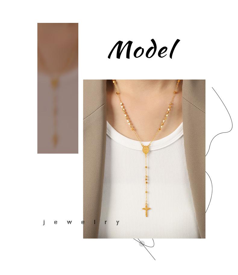 Retro British Jewelry: Oval Portrait Plate Tassel Cross Pendant on Titanium Steel Sweater Chain