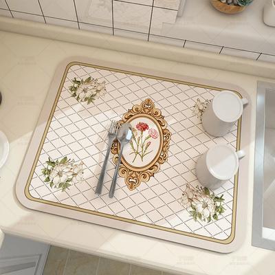 Printed Dish Drying Mat Diatom Mud Bowl And Plate Drain Pad Tableware Draining Pad Quick Dry Rug Kitchen Dinnerware Placemat