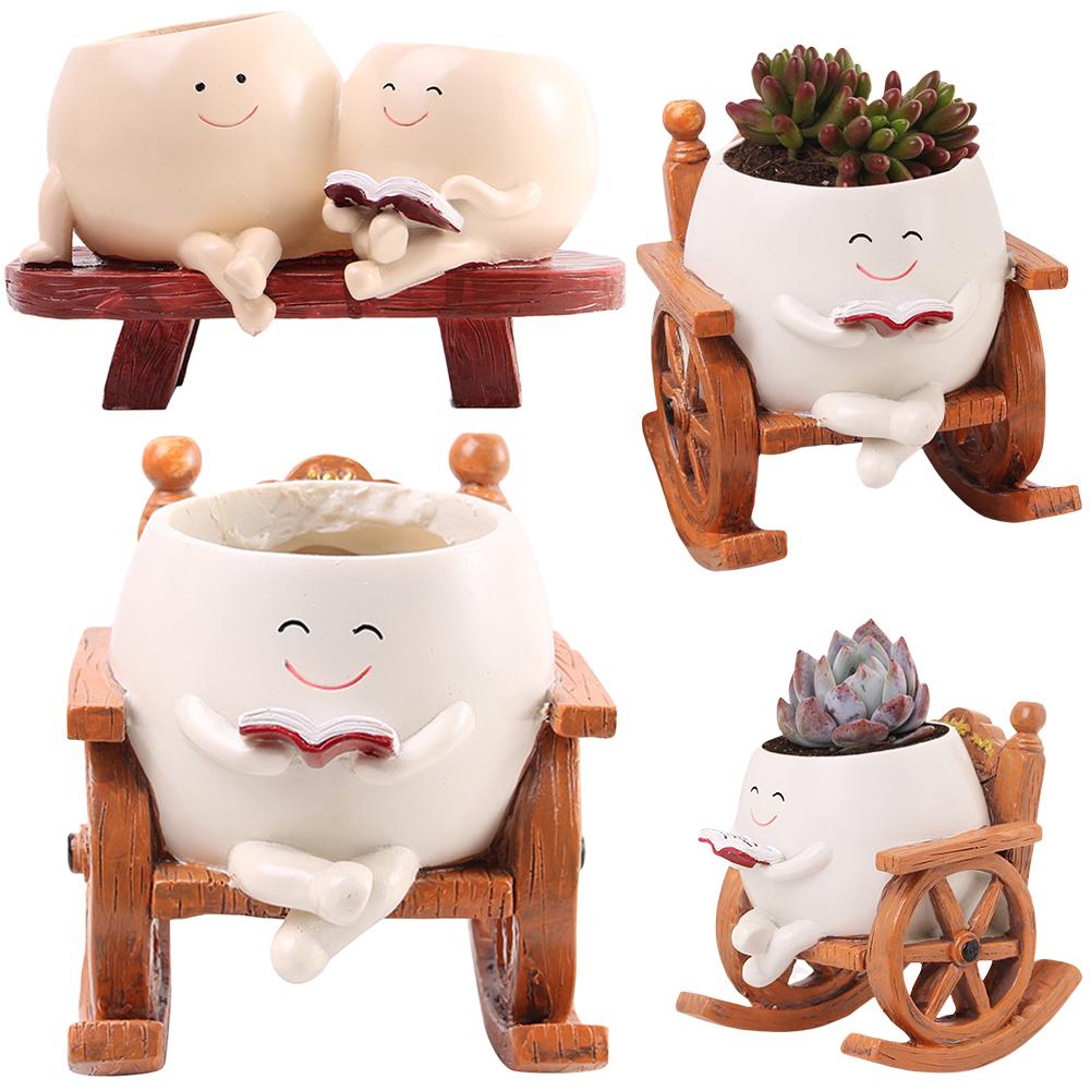 New Face Planter Pots Resin Chair Reading Succulent Pots Smile Face Flower Pot for Indoor Outdoor Plants Garden Flower Container