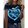 Cartoon Character Pattern Denim Print Round Neck T-shirt for Spring and Summer Casual Short Sleeved Top Women's Clothing