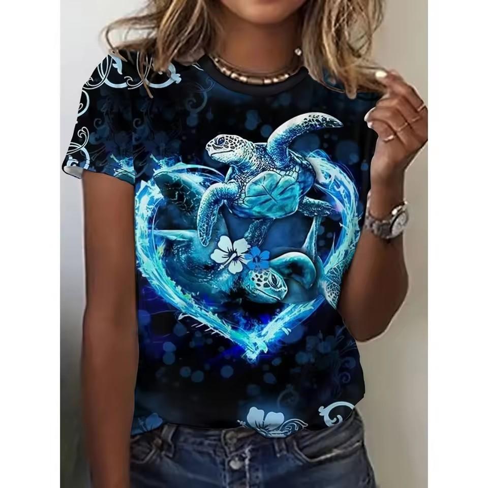 Cartoon Character Pattern Denim Print Round Neck T-shirt for Spring and Summer Casual Short Sleeved Top Women's Clothing