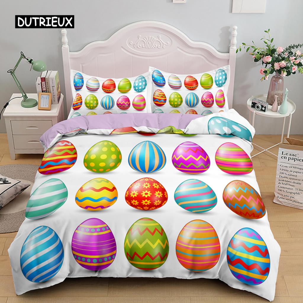 Easter Egg Duvet Cover Set Cartoon Cute Egg Bedding Set Happy Easter Theme Comforter Cover for Kids Teens Microfiber Bedclothes