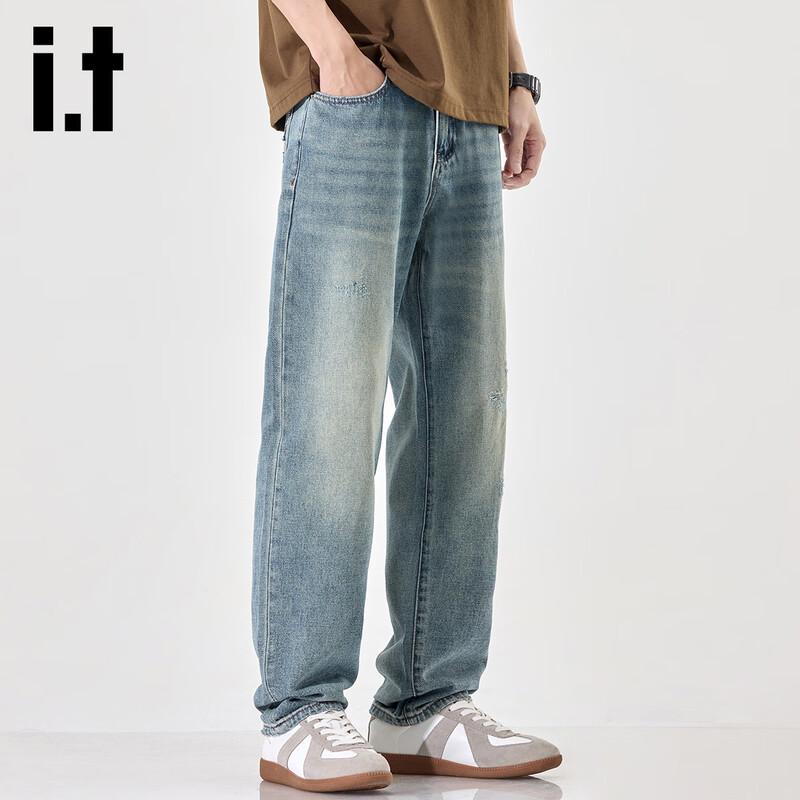 izzue it Men's Tapered Loose Fit Washed Denim Jeans