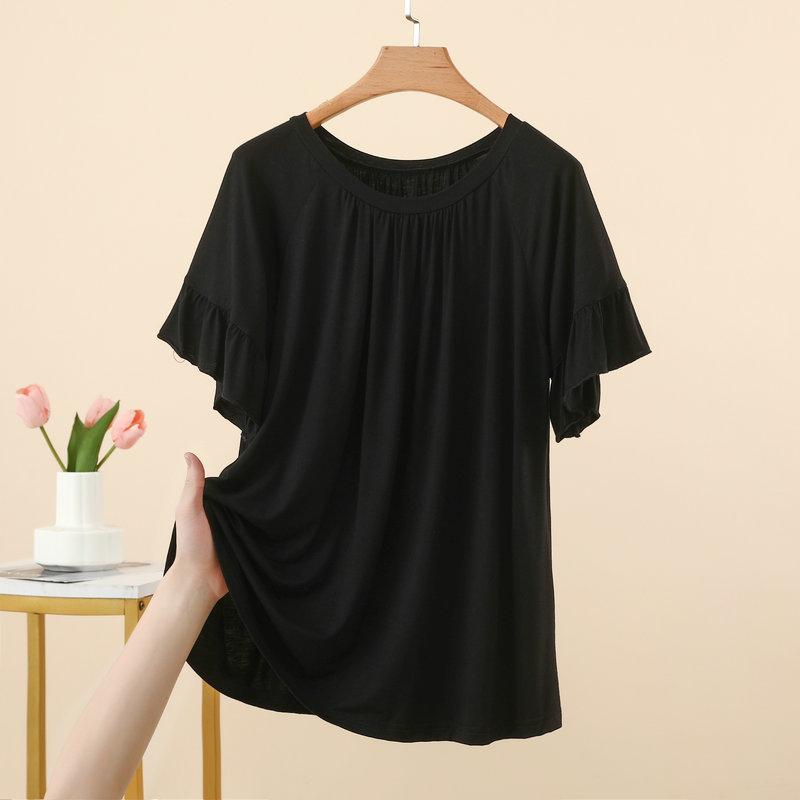 

Summer Women s Modal Ruched Round Neck Ruffle Sleeve T-Shirt Loose Plus Size Sweet Casual Tee Tops L чёрный