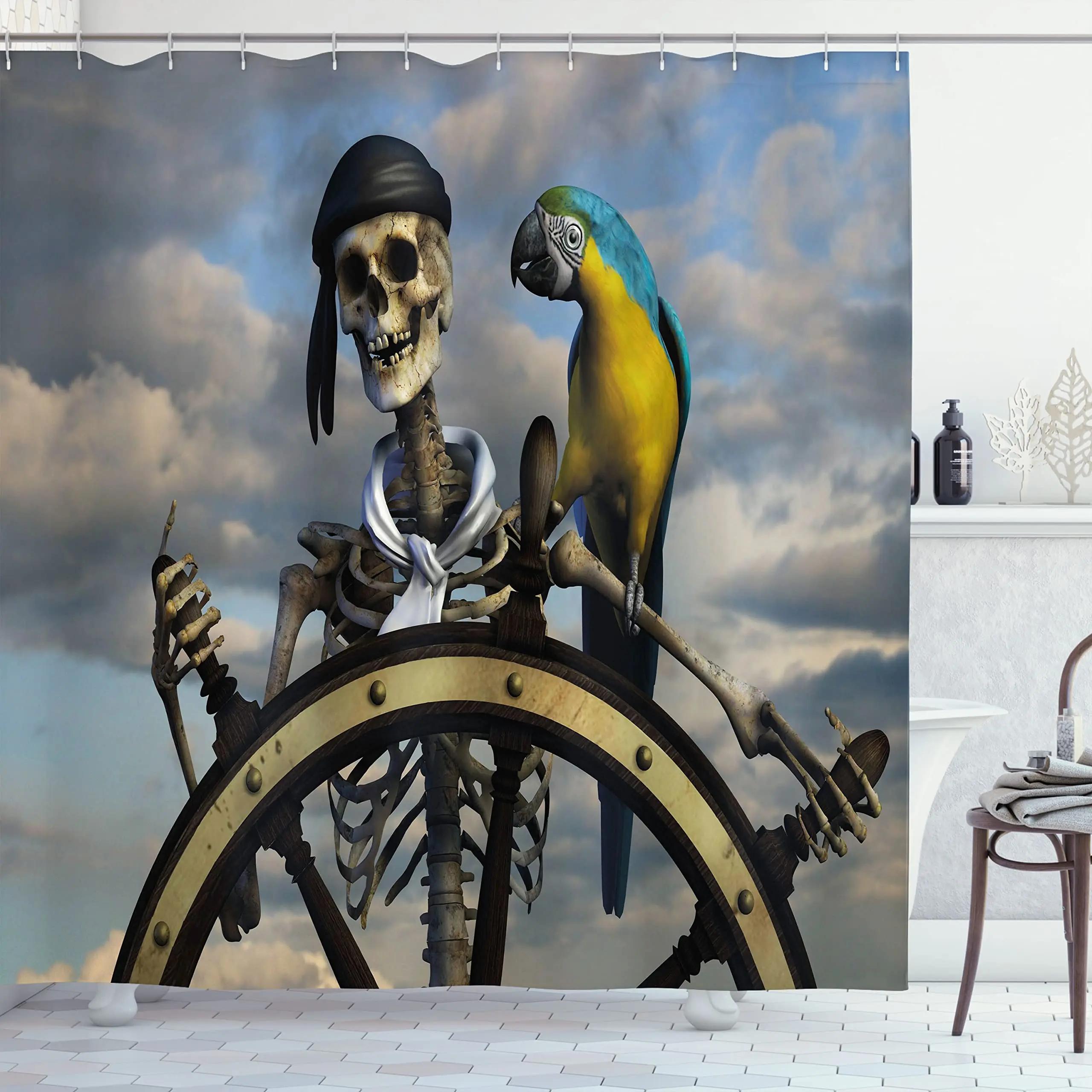 

Pirate Shower Curtain Big Ship On Tropical Caribbean Seashore Pirate Island Rock Waterproof Fabric Bathroom Curtain With Hooks W60H190(CM)-1 Pcs