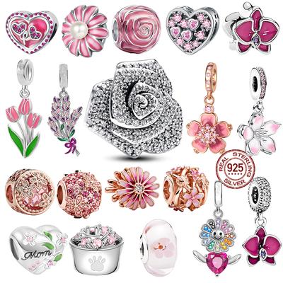 Novo S925 Prata Esterlina Brilhante Rosa Em Flor & Flor De Cerejeira Rosa Pendurado Charms Bead Fit Pulseira Original Jóias