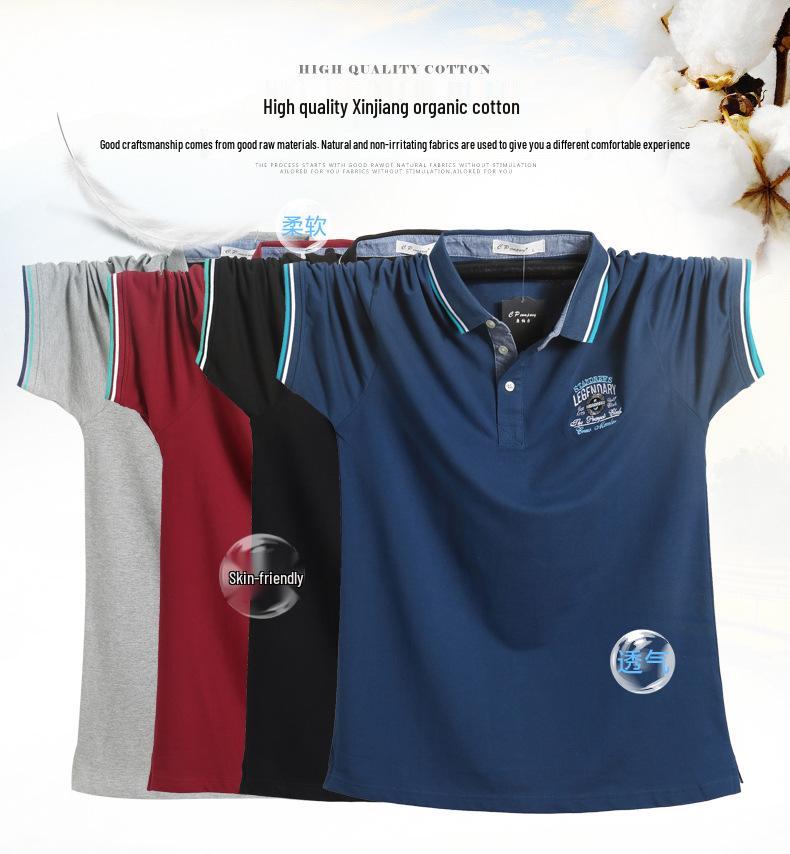 Męska koszulka polo z bawełny o luźnym kroju w dużym rozmiarze, styl hongkoński, z krótkim rękawem i kołnierzykiem typu turn-down