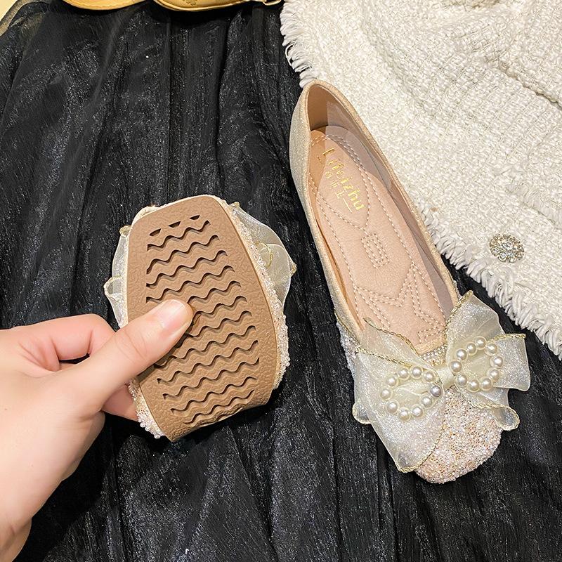 Lace Bow Flats Shoes Women Pearl Strings Lolita Shoes Crystal Beading Moccasin Slip On Loafers Women Espadrilles Plus Size 43