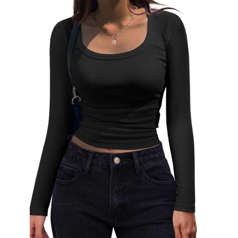 

YYFS Женская мода Повседневная весна-осень Однотонные принты Длинные рукава U-образный вырез Блузки и рубашки XXL чёрный